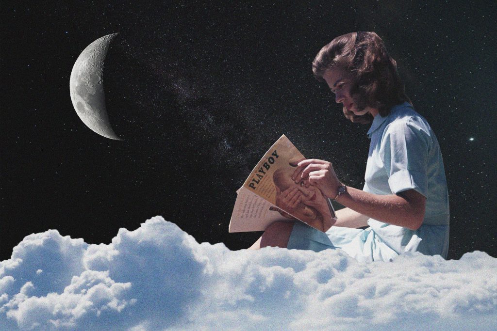 Woman sitting on cloud reading playboy magazine with universe and crescent moon behind her