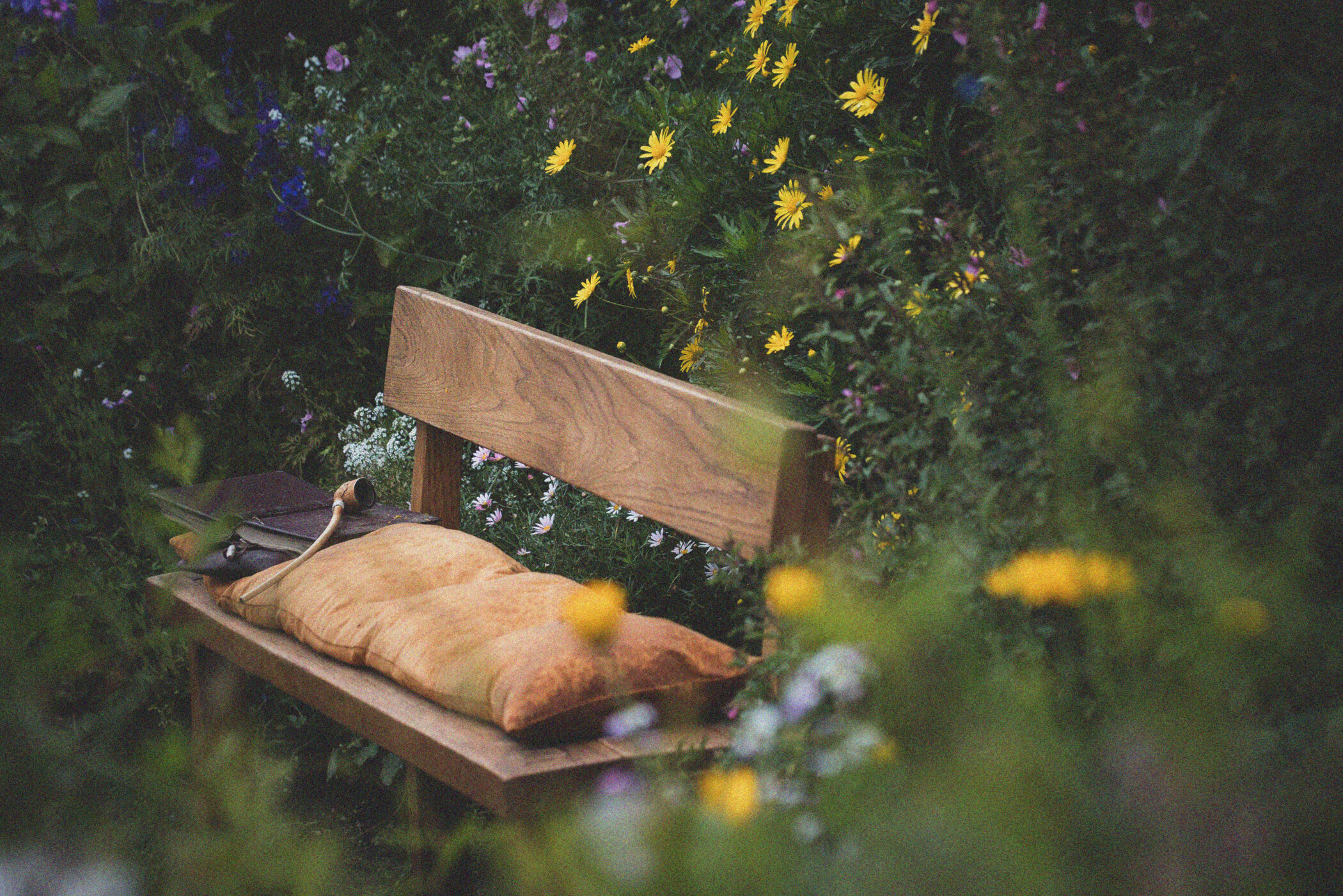 Bilbo's Pipe and bench with wildflowers