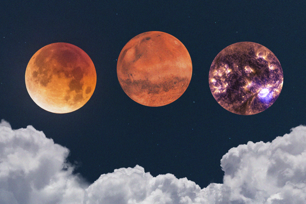 Full moon, mars and mercury lined up in the night sky with clouds underneath