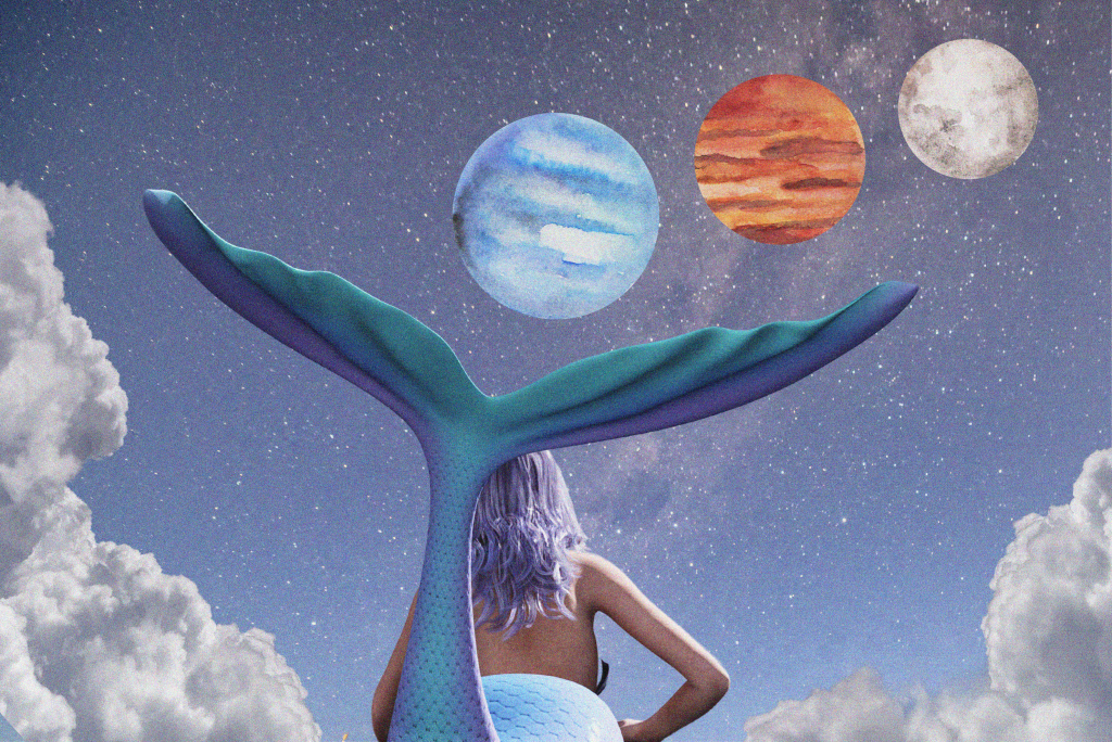 Mermaid with clouds around her looking into the universe at planets.